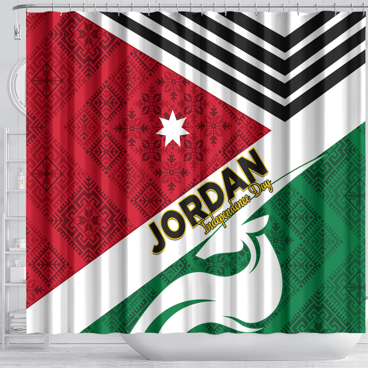 Jordan Independence Day Shower Curtain Jordanie Folk Pattern Flag Style
