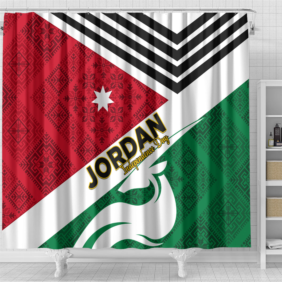 Jordan Independence Day Shower Curtain Jordanie Folk Pattern Flag Style