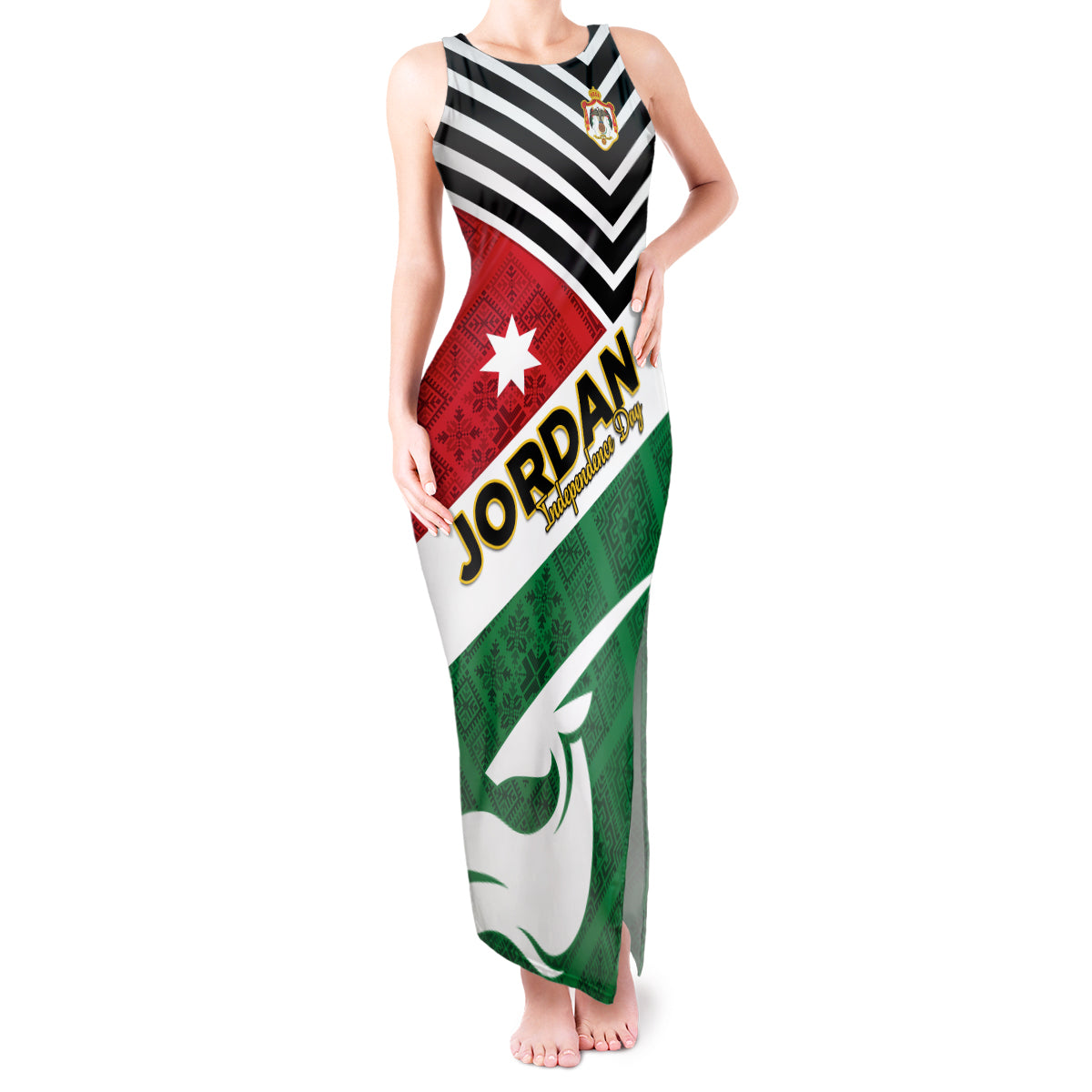 Jordan Independence Day Tank Maxi Dress Jordanie Folk Pattern Flag Style - Wonder Print Shop