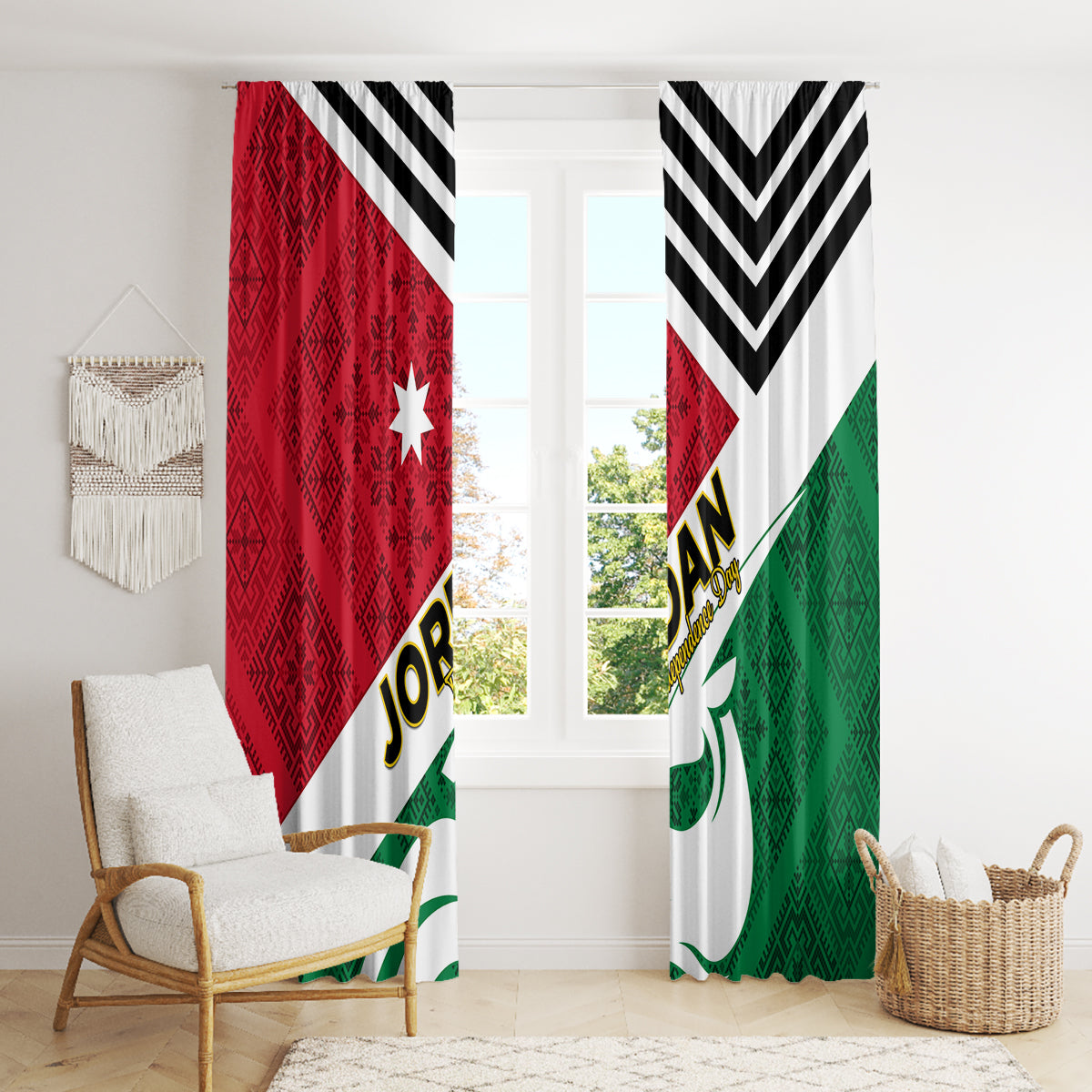 Jordan Independence Day Window Curtain Jordanie Folk Pattern Flag Style - Wonder Print Shop