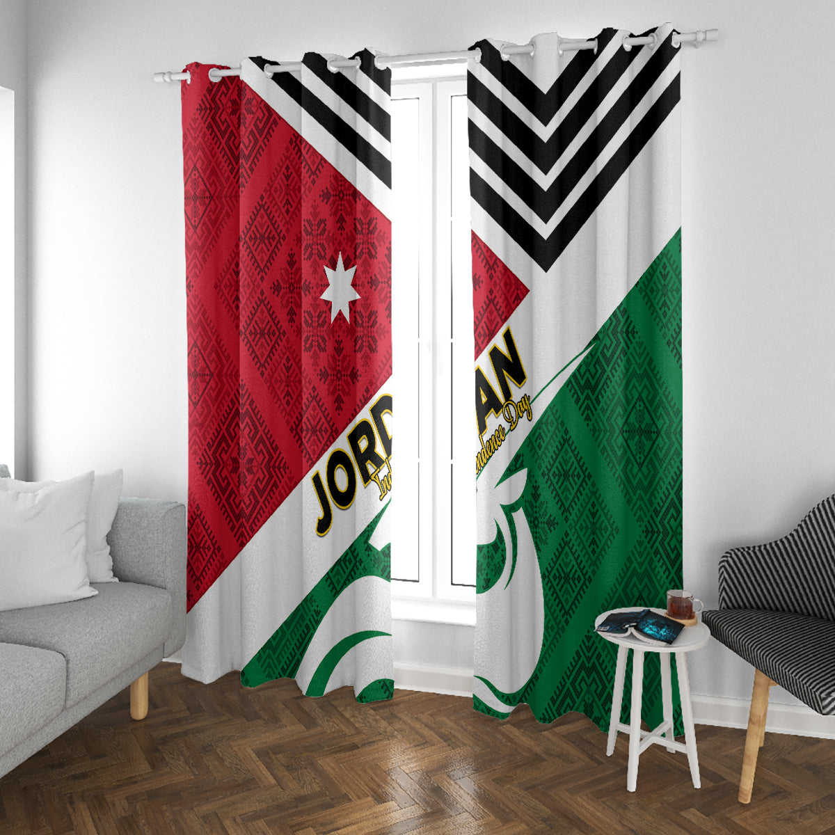 Jordan Independence Day Window Curtain Jordanie Folk Pattern Flag Style - Wonder Print Shop
