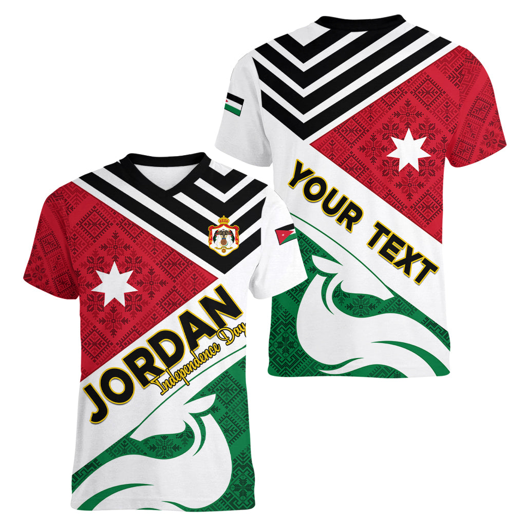 Jordan Independence Day Women V Neck T Shirt Jordanie Folk Pattern Flag Style - Wonder Print Shop