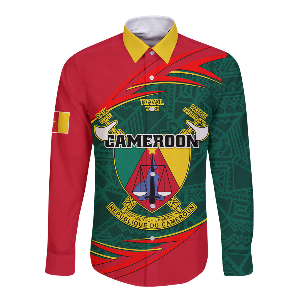 Cameroon Long Sleeve Button Shirt Cameroun Coat Of Arms Mix African Pattern - Wonder Print Shop