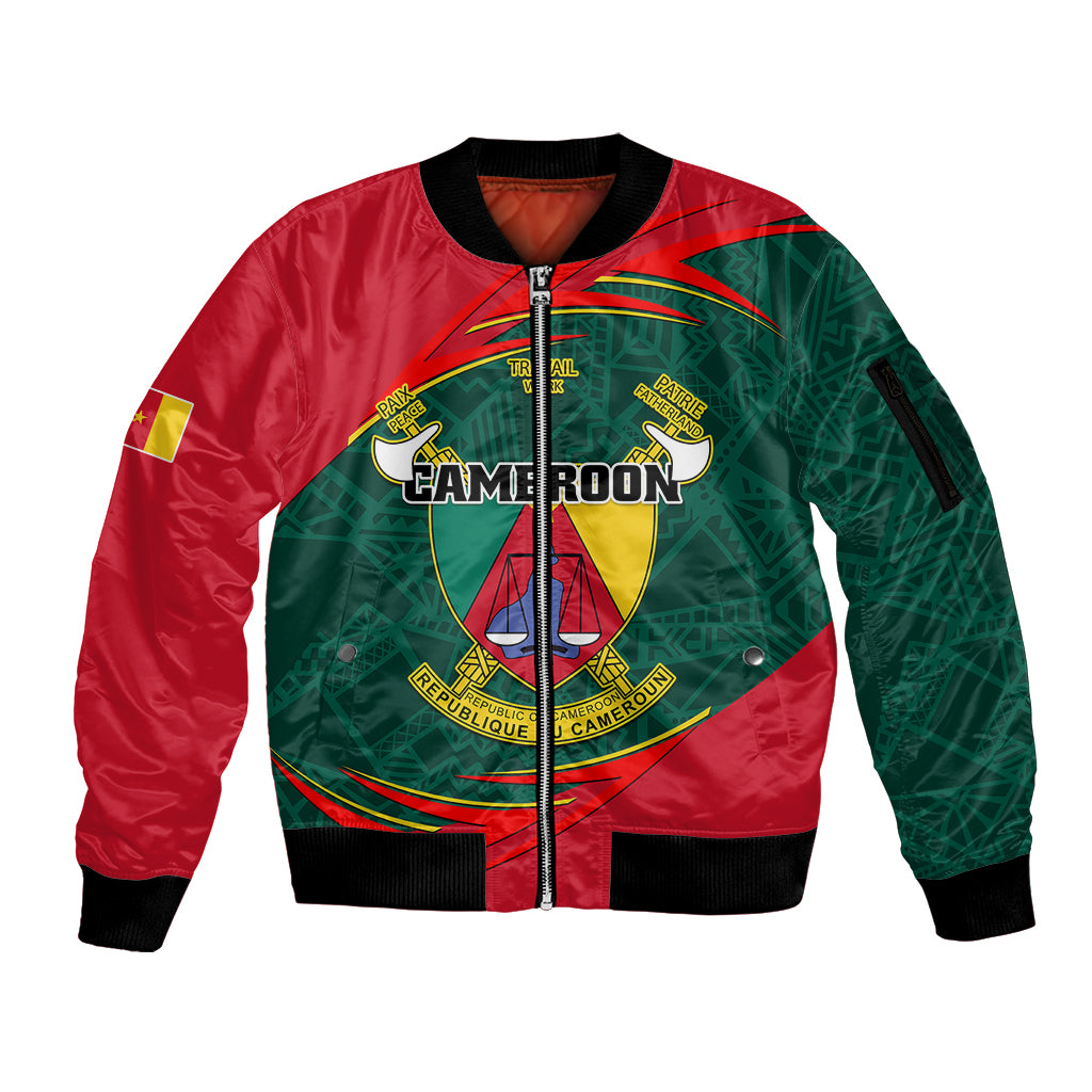 Cameroon Sleeve Zip Bomber Jacket Cameroun Coat Of Arms Mix African Pattern - Wonder Print Shop