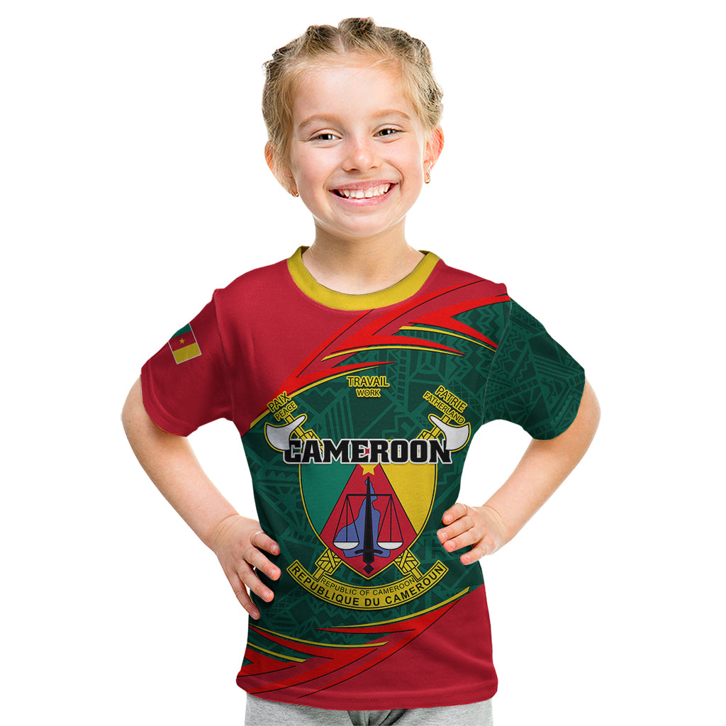 Personalised Cameroon Kid T Shirt Cameroun Coat Of Arms Mix African Pattern - Wonder Print Shop