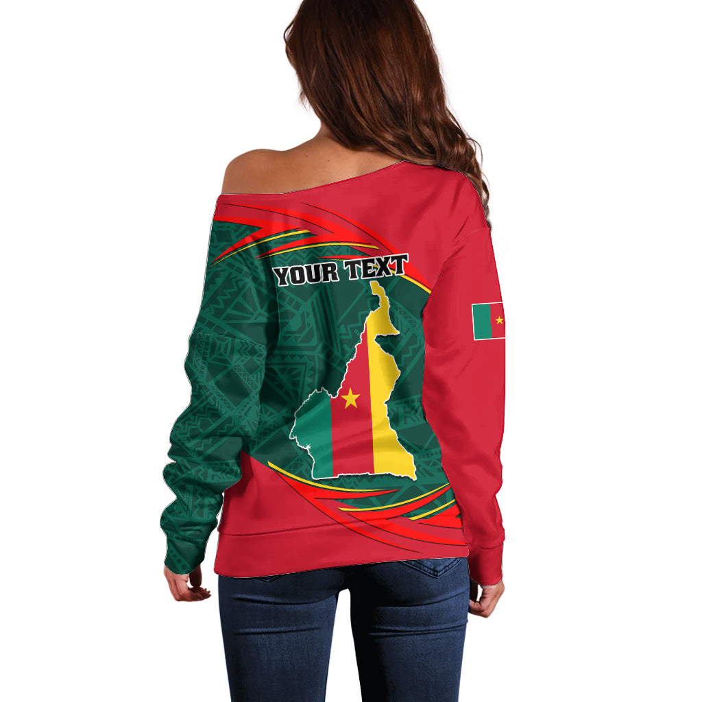 Personalised Cameroon Off Shoulder Sweater Cameroun Coat Of Arms Mix African Pattern - Wonder Print Shop