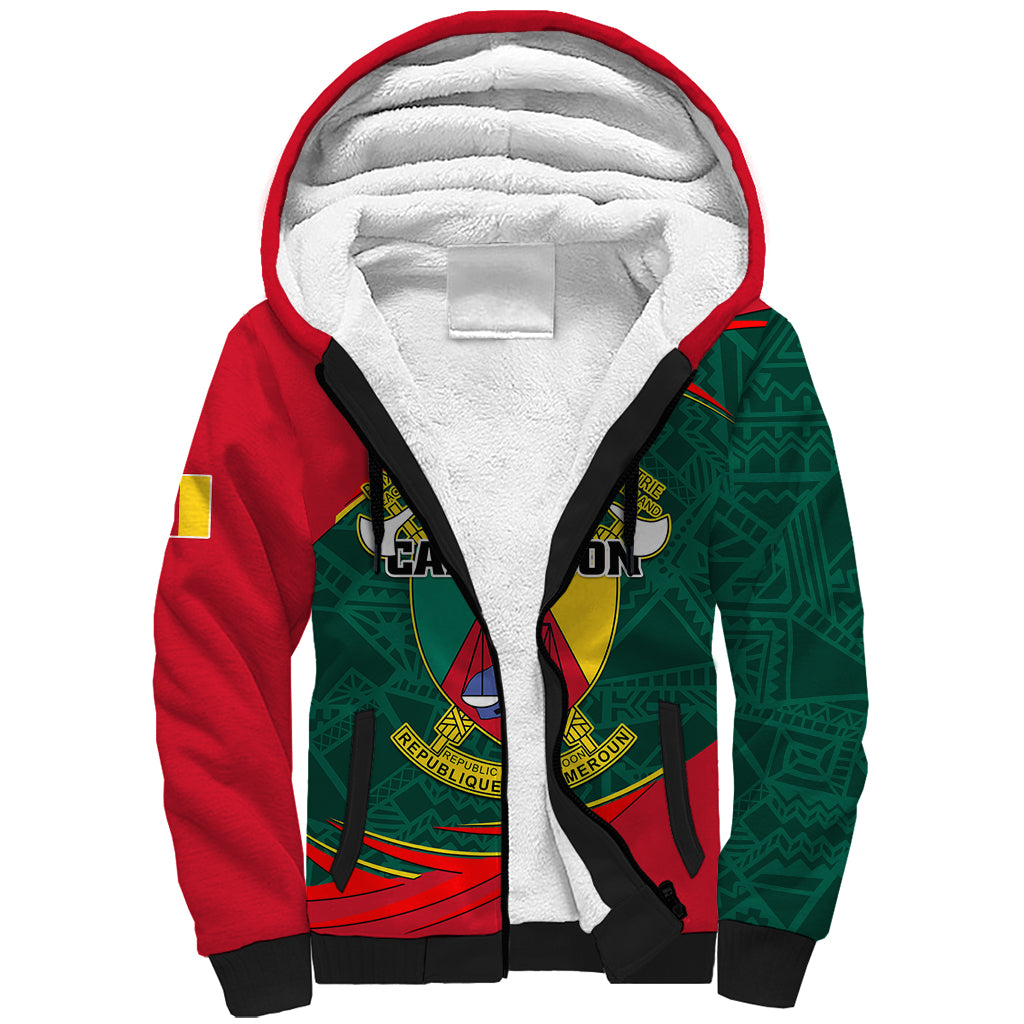 Personalised Cameroon Sherpa Hoodie Cameroun Coat Of Arms Mix African Pattern - Wonder Print Shop
