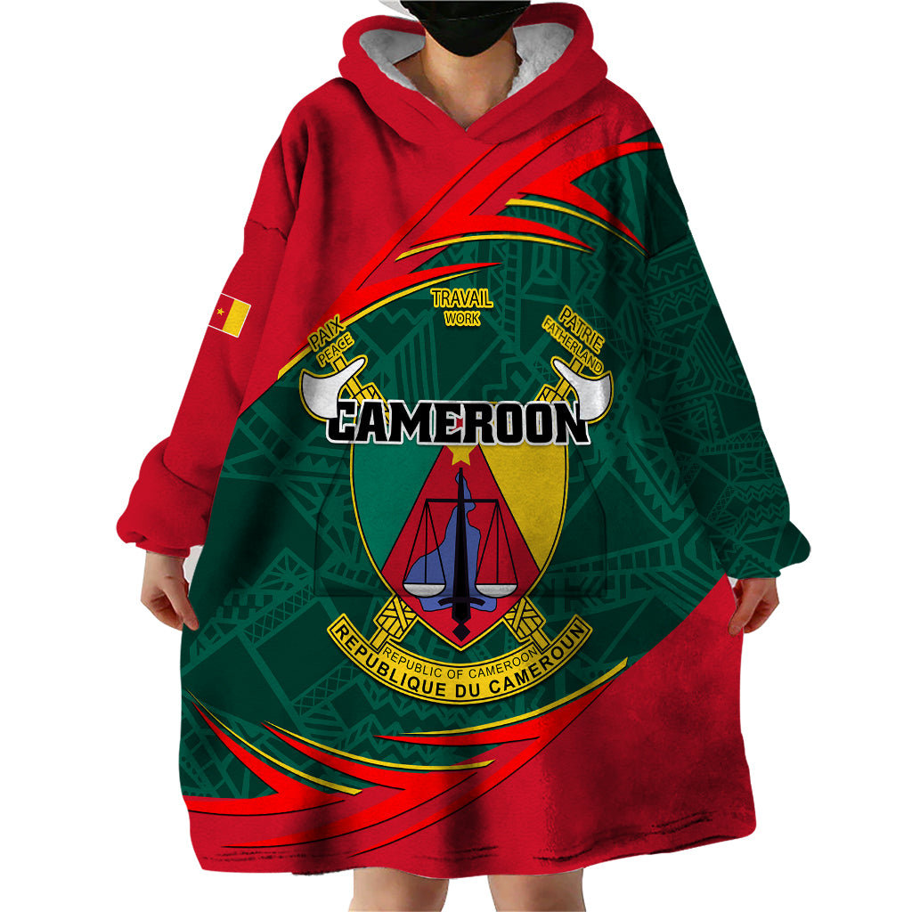 Personalised Cameroon Wearable Blanket Hoodie Cameroun Coat Of Arms Mix African Pattern - Wonder Print Shop