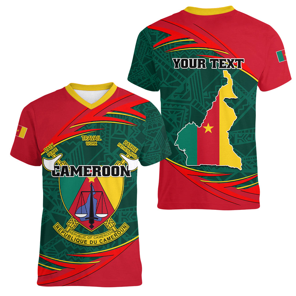 Personalised Cameroon Women V Neck T Shirt Cameroun Coat Of Arms Mix African Pattern - Wonder Print Shop