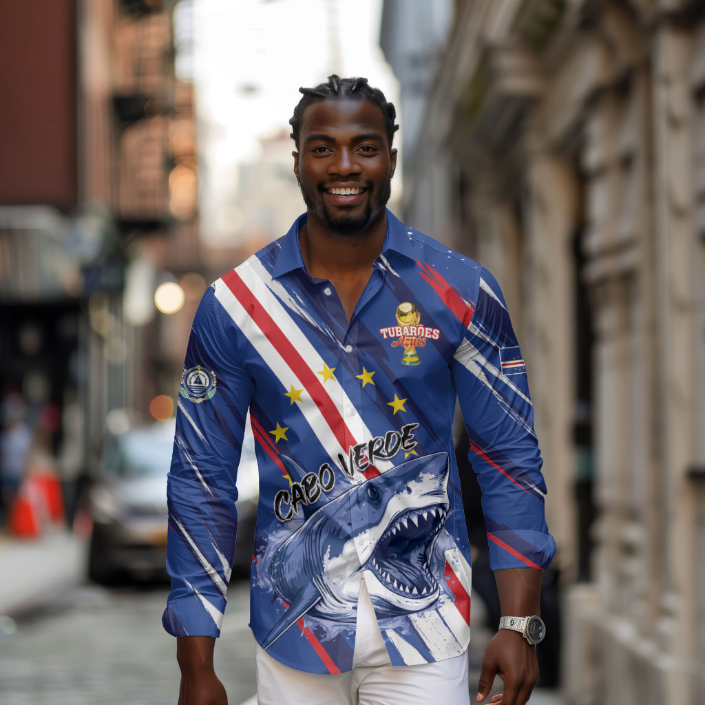 Custom World Football 2026 Cabo Verde Long Sleeve Button Shirt Tubaroes Azuis Victory