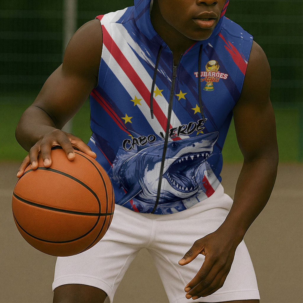 Custom World Football 2026 Cabo Verde Sleeveless Zip Hoodie Tubaroes Azuis Victory