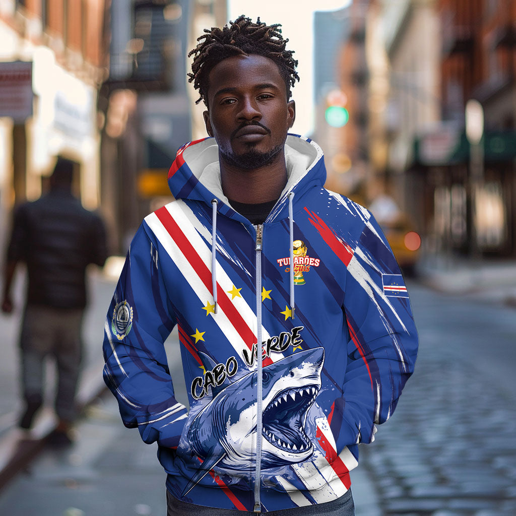 Custom World Football 2026 Cabo Verde Zip Hoodie Tubaroes Azuis Victory