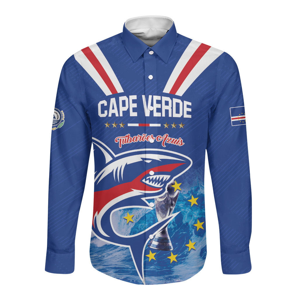 Custom Cape Verde Football 2026 Blue Shark Long Sleeve Button Shirt Go Champions