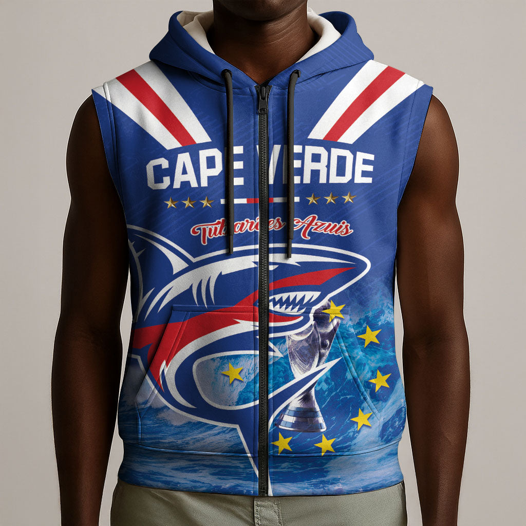 Custom Cape Verde Football 2026 Blue Shark Sleeveless Zip Hoodie Go Champions