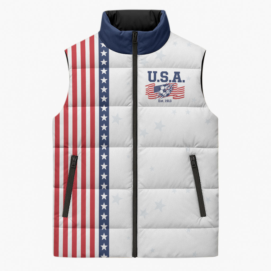 Personalized Soccer USA Est 1913 Sleeveless Puffer Jacket Patriotic United States