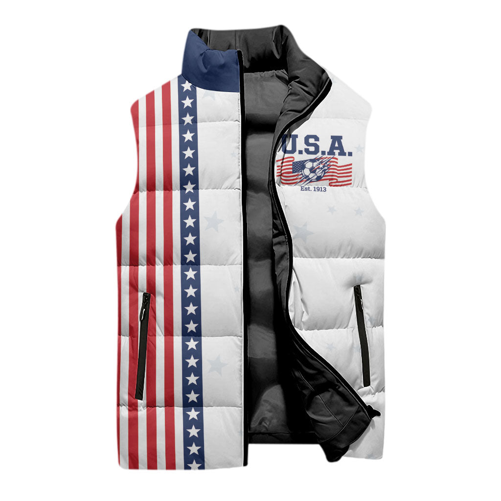 Personalized Soccer USA Est 1913 Sleeveless Puffer Jacket Patriotic United States