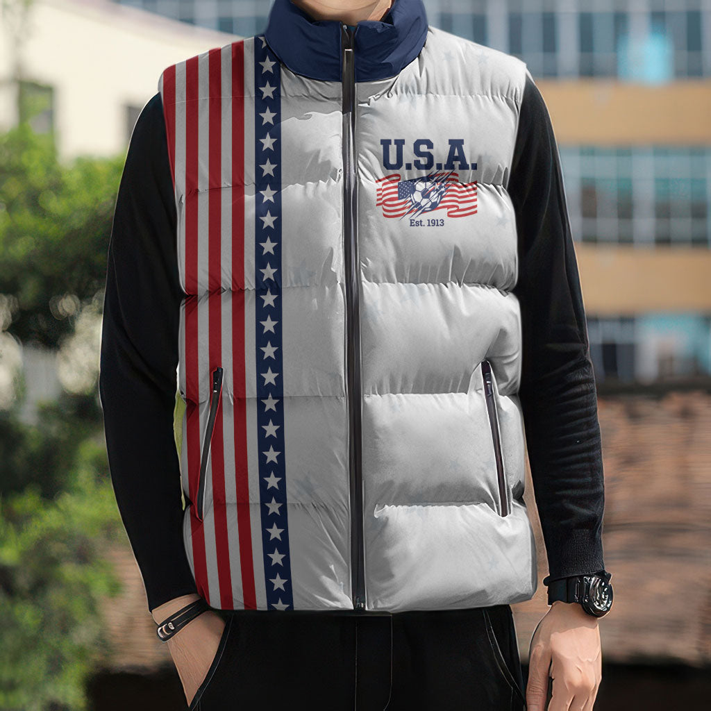 Personalized Soccer USA Est 1913 Sleeveless Puffer Jacket Patriotic United States