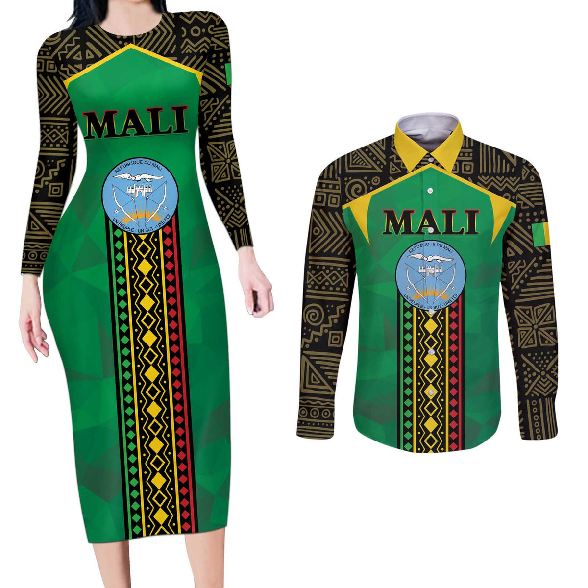 Mali Couples Matching Long Sleeve Bodycon Dress and Long Sleeve Button Shirt Mali ka Fasojamana - Wonder Print Shop