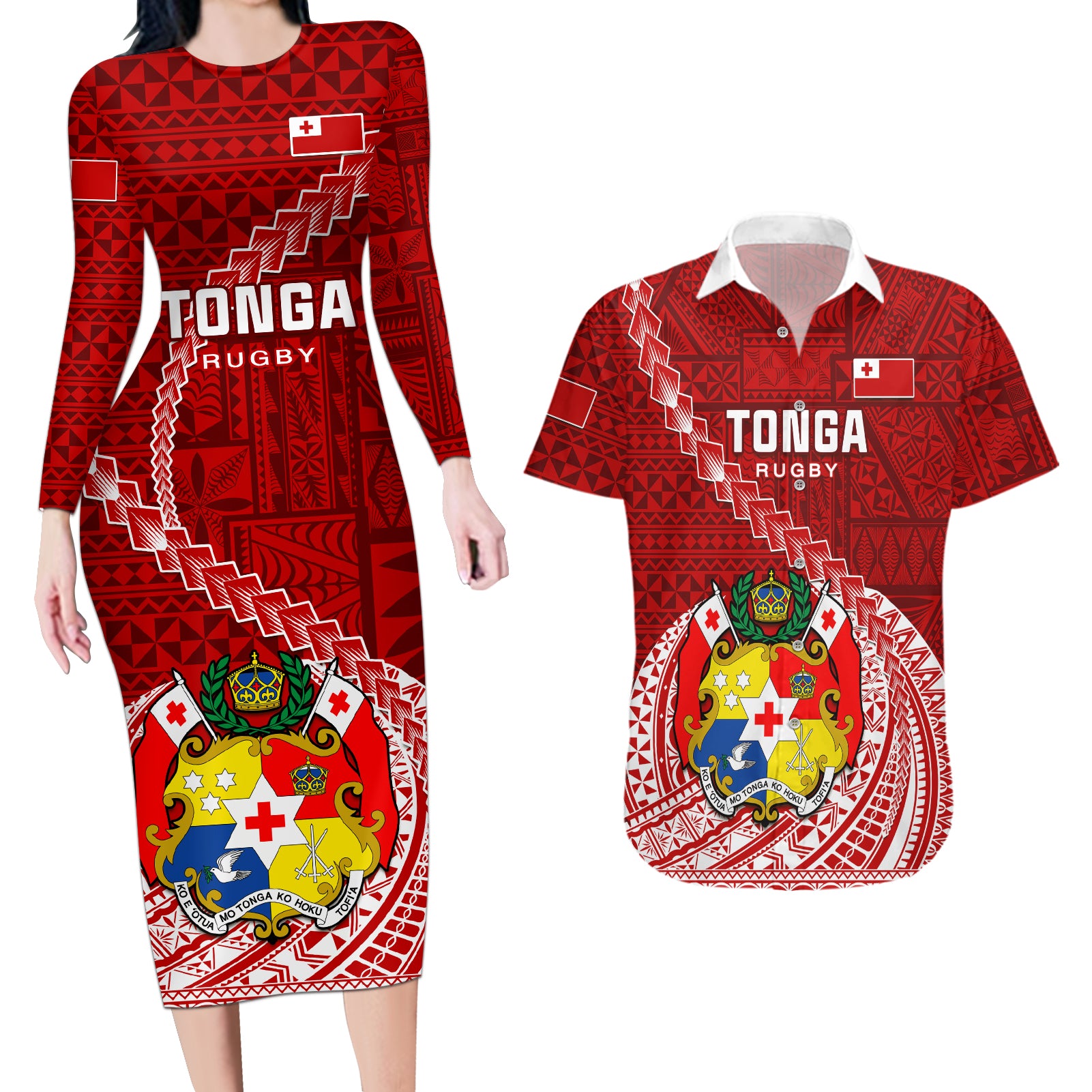 Tonga Rugby Couples Matching Long Sleeve Bodycon Dress and Hawaiian Shirt Tongan Ngatu Pattern White Version - Wonder Print Shop