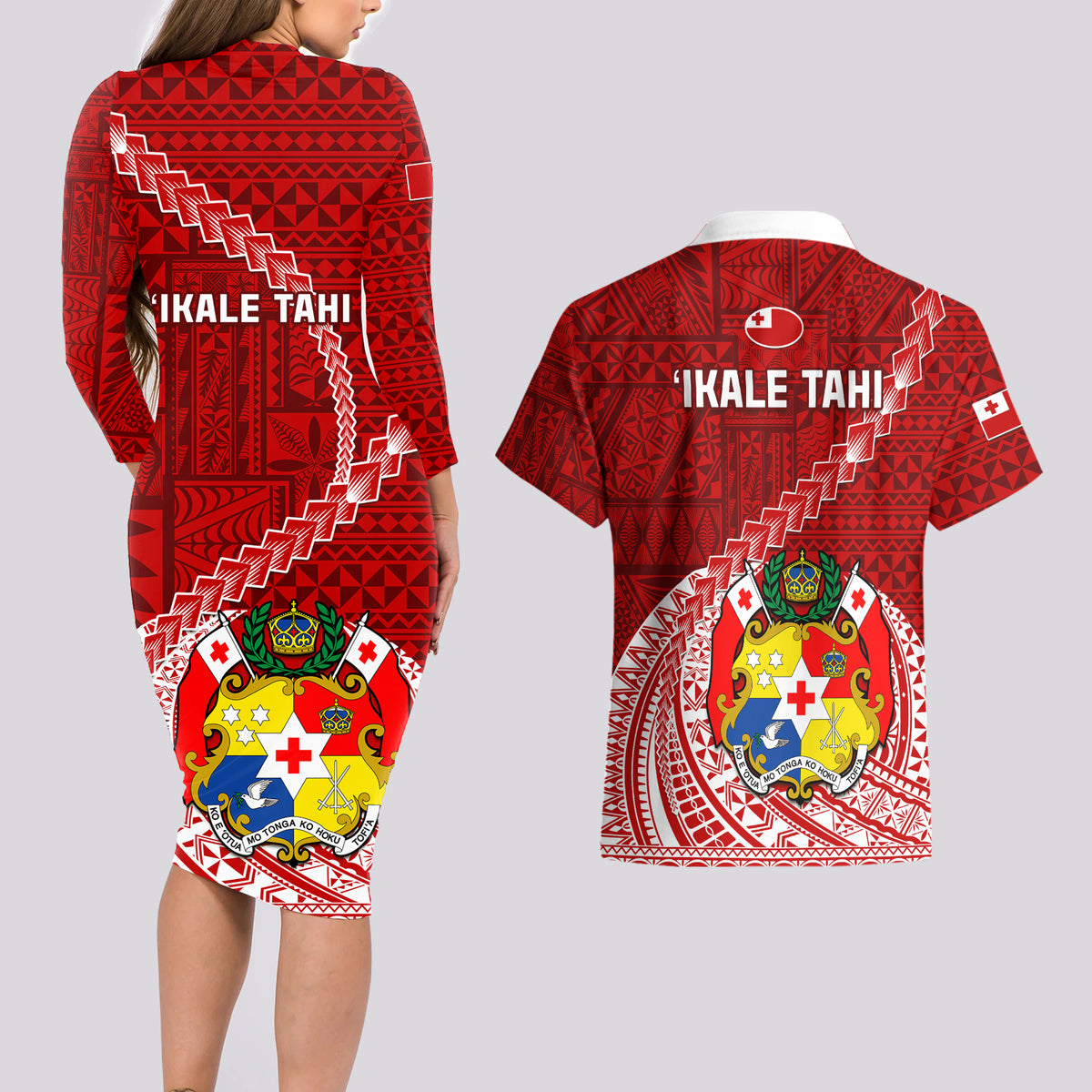 Tonga Rugby Couples Matching Long Sleeve Bodycon Dress and Hawaiian Shirt Tongan Ngatu Pattern White Version - Wonder Print Shop