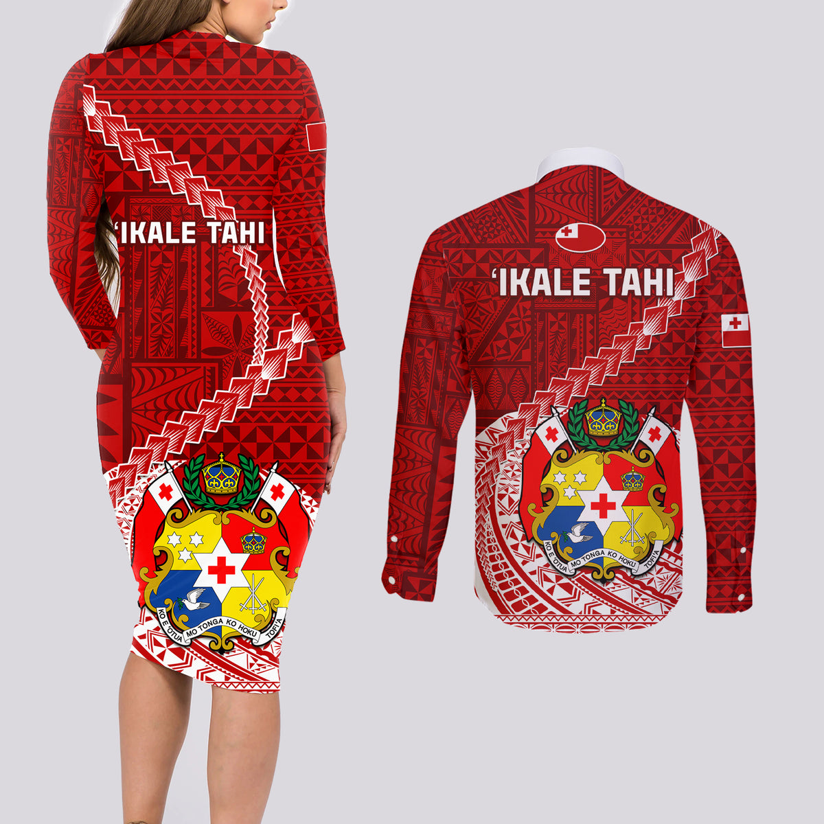 Tonga Rugby Couples Matching Long Sleeve Bodycon Dress and Long Sleeve Button Shirts Tongan Ngatu Pattern White Version - Wonder Print Shop