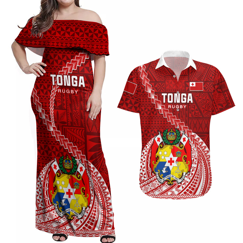 Tonga Rugby Couples Matching Off Shoulder Maxi Dress and Hawaiian Shirt Tongan Ngatu Pattern White Version - Wonder Print Shop