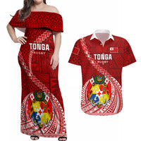 Tonga Rugby Couples Matching Off Shoulder Maxi Dress and Hawaiian Shirt Tongan Ngatu Pattern White Version - Wonder Print Shop