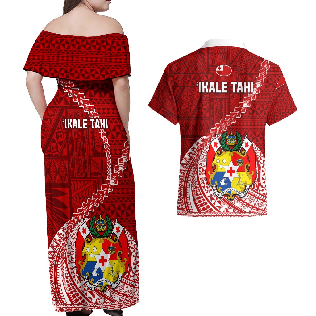 Tonga Rugby Couples Matching Off Shoulder Maxi Dress and Hawaiian Shirt Tongan Ngatu Pattern White Version - Wonder Print Shop