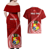Tonga Rugby Couples Matching Off Shoulder Maxi Dress and Hawaiian Shirt Tongan Ngatu Pattern White Version - Wonder Print Shop