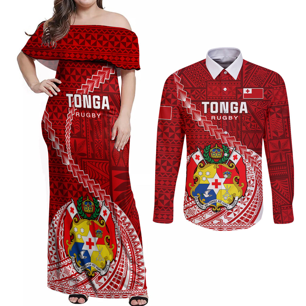 Tonga Rugby Couples Matching Off Shoulder Maxi Dress and Long Sleeve Button Shirts Tongan Ngatu Pattern White Version - Wonder Print Shop