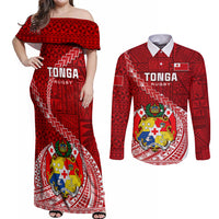 Tonga Rugby Couples Matching Off Shoulder Maxi Dress and Long Sleeve Button Shirts Tongan Ngatu Pattern White Version - Wonder Print Shop
