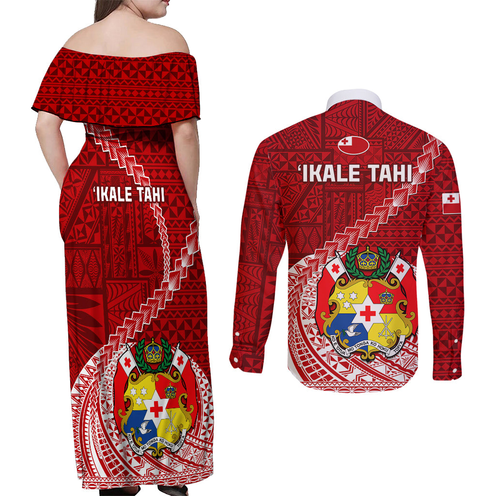 Tonga Rugby Couples Matching Off Shoulder Maxi Dress and Long Sleeve Button Shirts Tongan Ngatu Pattern White Version - Wonder Print Shop