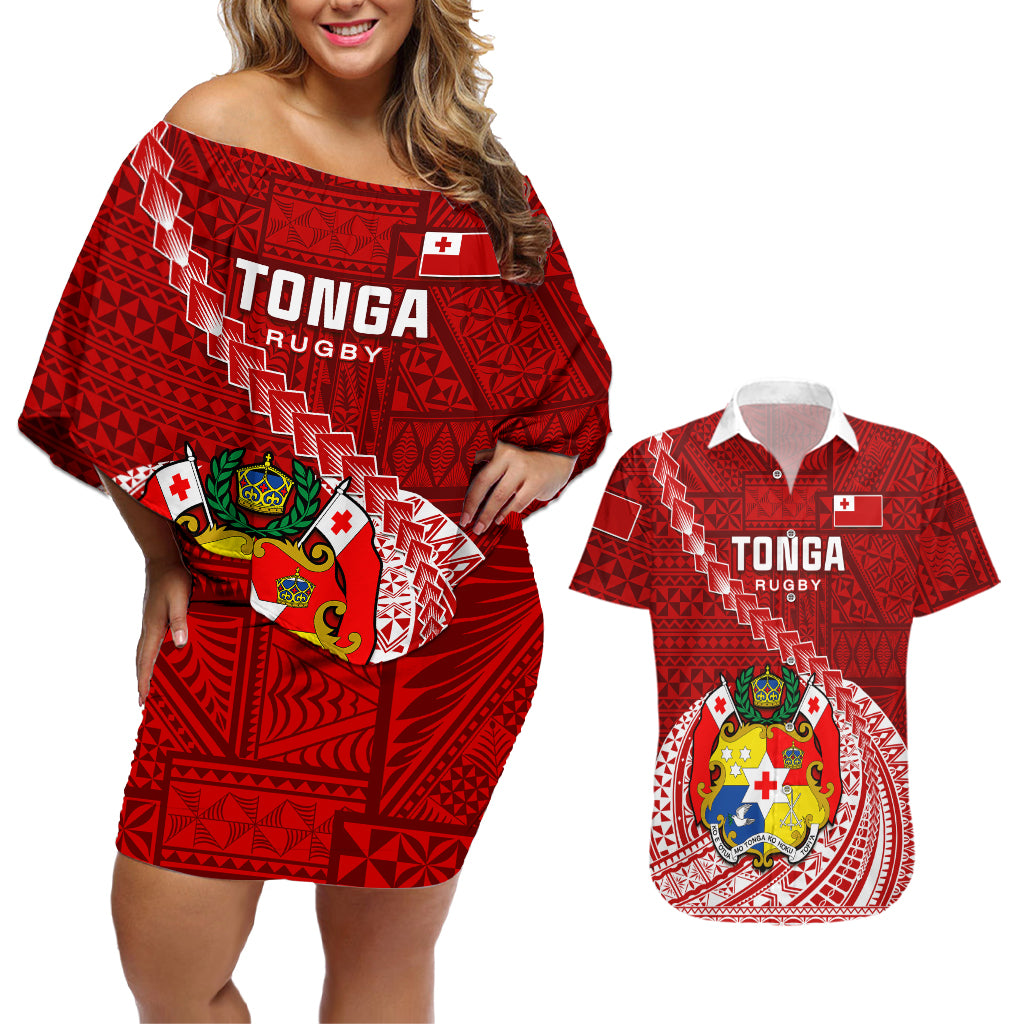 Tonga Rugby Couples Matching Off Shoulder Short Dress and Hawaiian Shirt Tongan Ngatu Pattern White Version - Wonder Print Shop