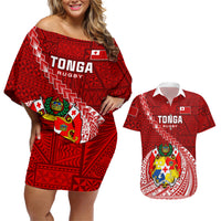 Tonga Rugby Couples Matching Off Shoulder Short Dress and Hawaiian Shirt Tongan Ngatu Pattern White Version - Wonder Print Shop