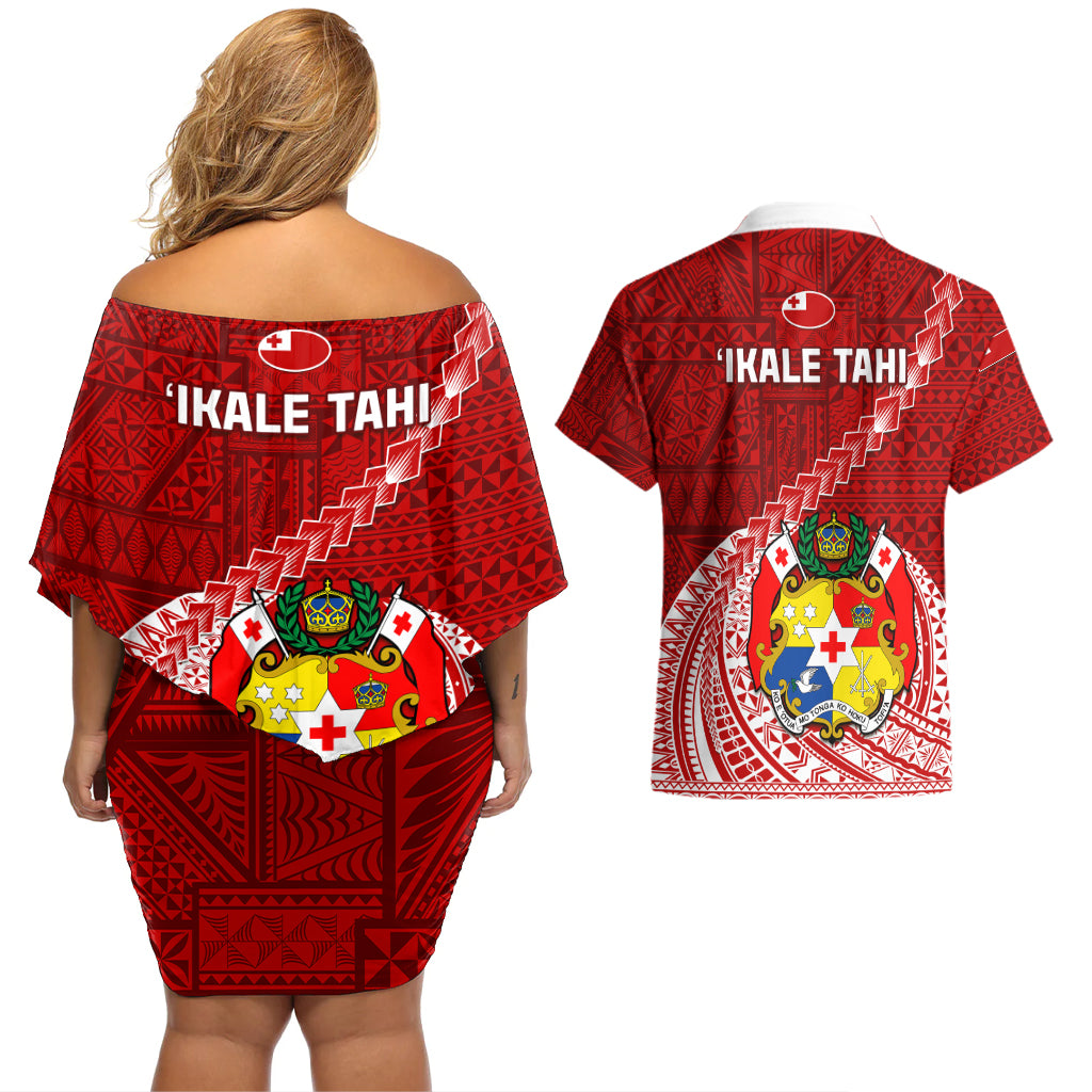 Tonga Rugby Couples Matching Off Shoulder Short Dress and Hawaiian Shirt Tongan Ngatu Pattern White Version - Wonder Print Shop