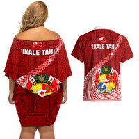 Tonga Rugby Couples Matching Off Shoulder Short Dress and Hawaiian Shirt Tongan Ngatu Pattern White Version - Wonder Print Shop