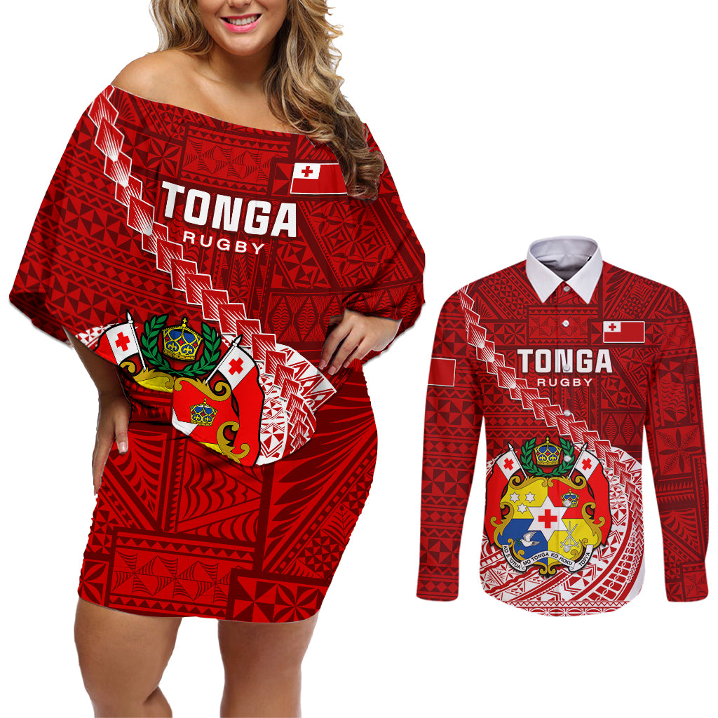Tonga Rugby Couples Matching Off Shoulder Short Dress and Long Sleeve Button Shirts Tongan Ngatu Pattern White Version - Wonder Print Shop