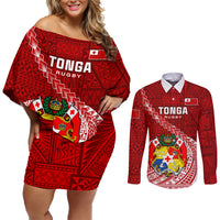 Tonga Rugby Couples Matching Off Shoulder Short Dress and Long Sleeve Button Shirts Tongan Ngatu Pattern White Version - Wonder Print Shop