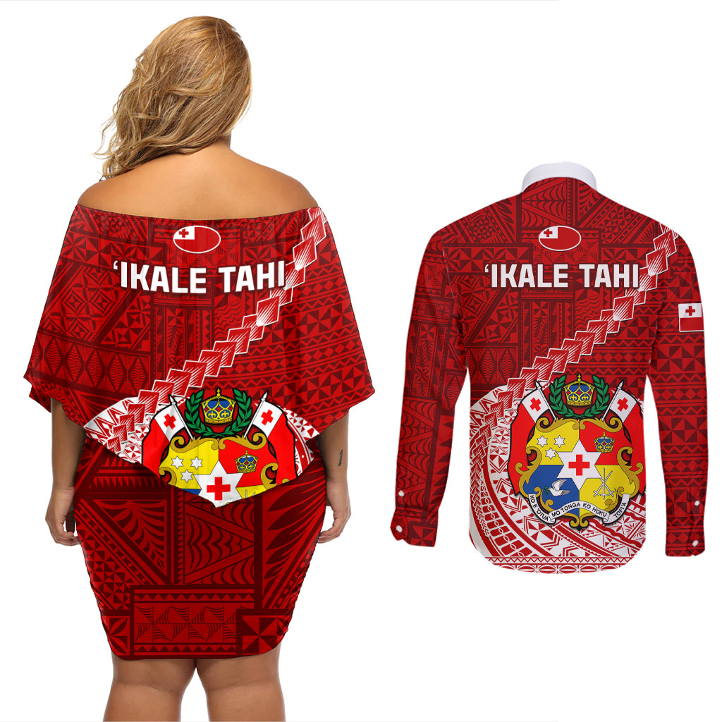 Tonga Rugby Couples Matching Off Shoulder Short Dress and Long Sleeve Button Shirts Tongan Ngatu Pattern White Version - Wonder Print Shop