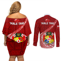 Tonga Rugby Couples Matching Off Shoulder Short Dress and Long Sleeve Button Shirts Tongan Ngatu Pattern White Version - Wonder Print Shop