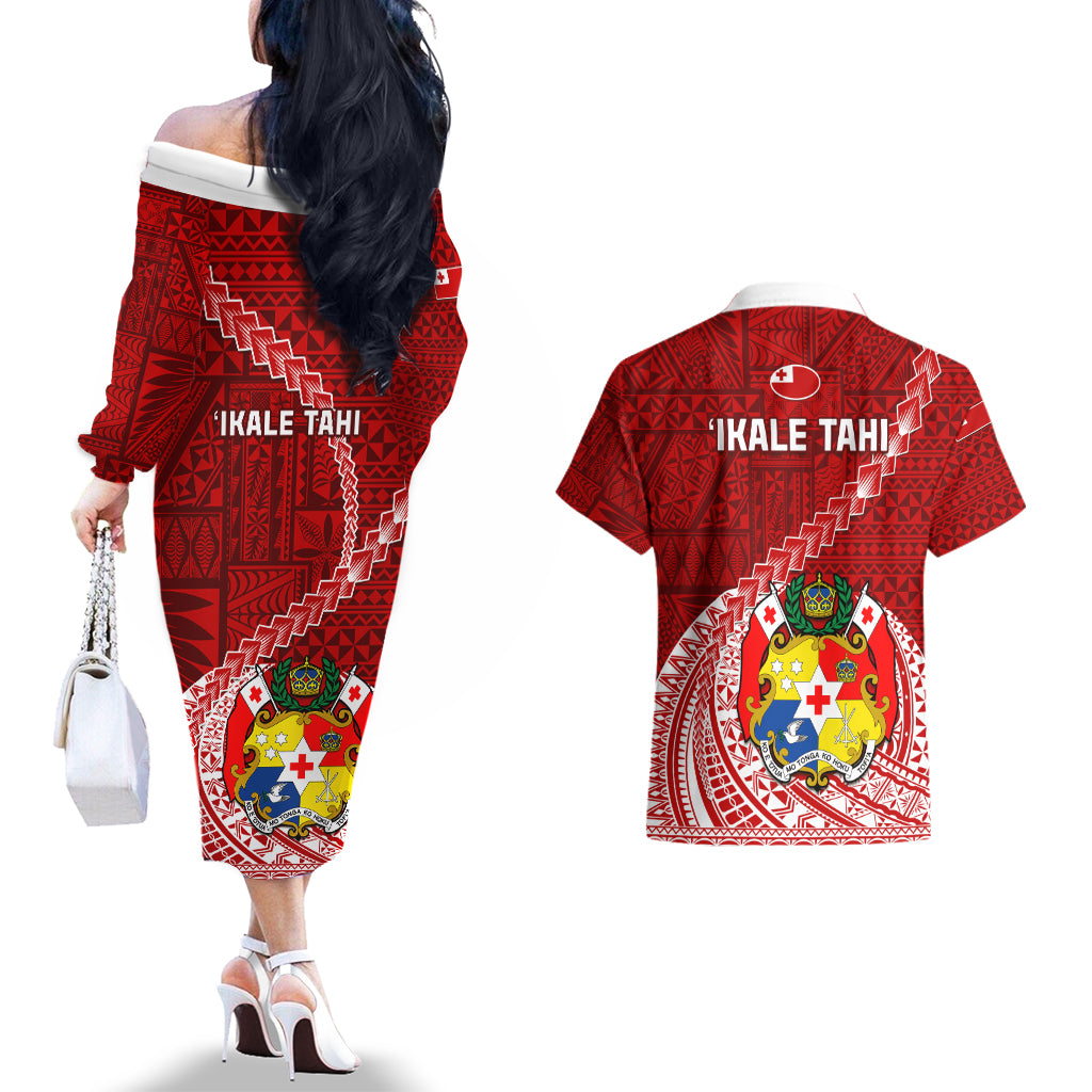 Tonga Rugby Couples Matching Off The Shoulder Long Sleeve Dress and Hawaiian Shirt Tongan Ngatu Pattern White Version - Wonder Print Shop