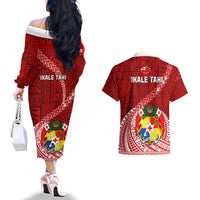 Tonga Rugby Couples Matching Off The Shoulder Long Sleeve Dress and Hawaiian Shirt Tongan Ngatu Pattern White Version - Wonder Print Shop