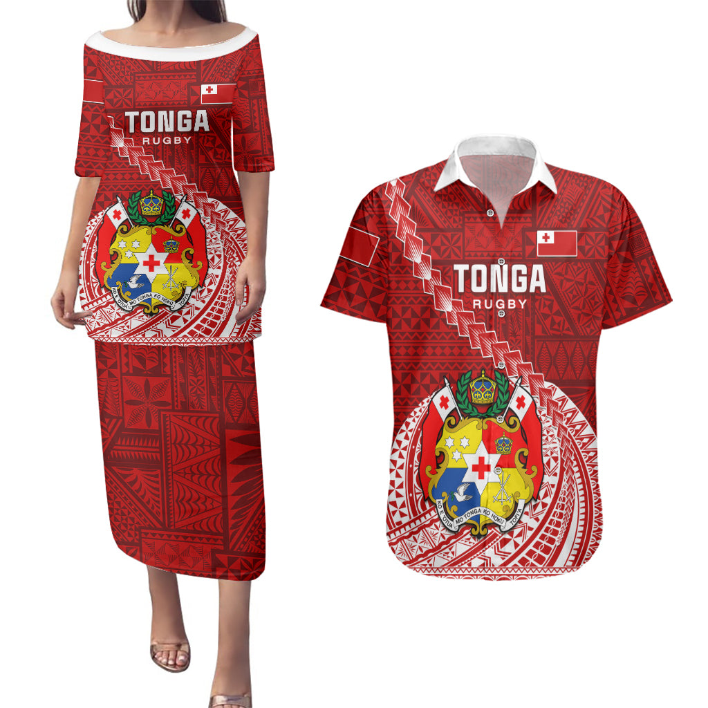 Tonga Rugby Couples Matching Puletasi Dress and Hawaiian Shirt Tongan Ngatu Pattern White Version - Wonder Print Shop