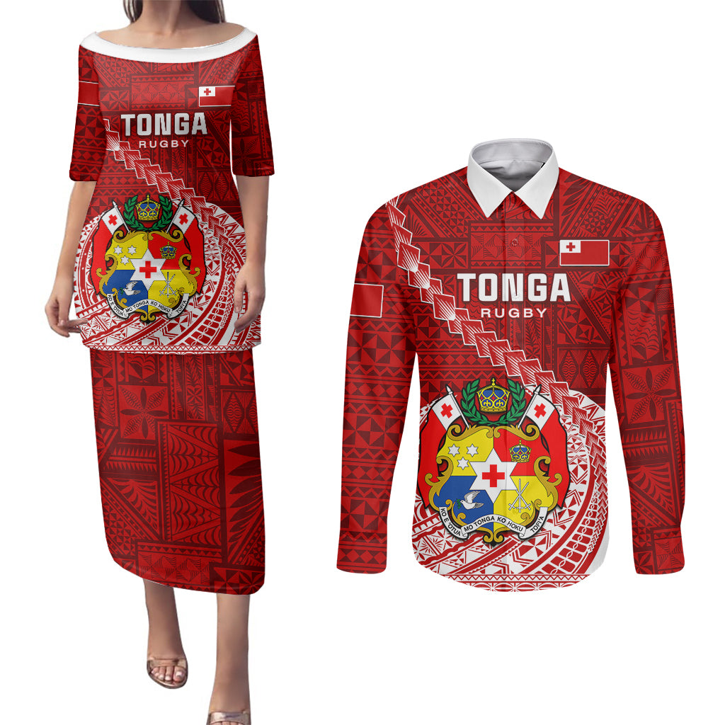 Tonga Rugby Couples Matching Puletasi Dress and Long Sleeve Button Shirts Tongan Ngatu Pattern White Version - Wonder Print Shop
