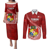 Tonga Rugby Couples Matching Puletasi Dress and Long Sleeve Button Shirts Tongan Ngatu Pattern White Version - Wonder Print Shop
