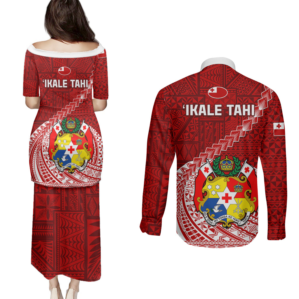Tonga Rugby Couples Matching Puletasi Dress and Long Sleeve Button Shirts Tongan Ngatu Pattern White Version - Wonder Print Shop