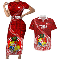Tonga Rugby Couples Matching Short Sleeve Bodycon Dress and Hawaiian Shirt Tongan Ngatu Pattern White Version - Wonder Print Shop