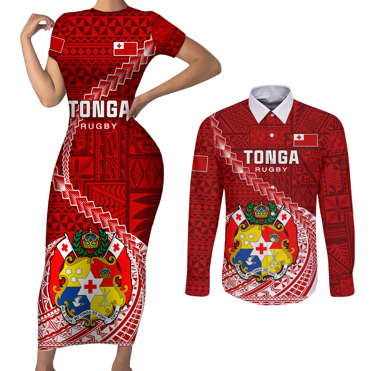 Tonga Rugby Couples Matching Short Sleeve Bodycon Dress and Long Sleeve Button Shirts Tongan Ngatu Pattern White Version - Wonder Print Shop