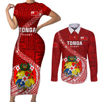 Tonga Rugby Couples Matching Short Sleeve Bodycon Dress and Long Sleeve Button Shirts Tongan Ngatu Pattern White Version - Wonder Print Shop