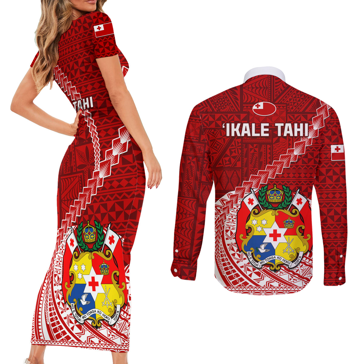 Tonga Rugby Couples Matching Short Sleeve Bodycon Dress and Long Sleeve Button Shirts Tongan Ngatu Pattern White Version - Wonder Print Shop